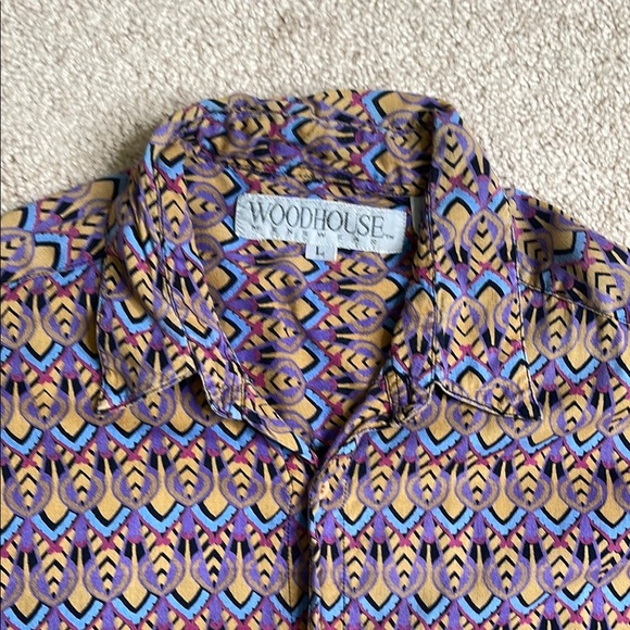 Woodhouse Blue and Brown Casual Button Down Shirt with Geometric Pattern - Picture 2 of 5